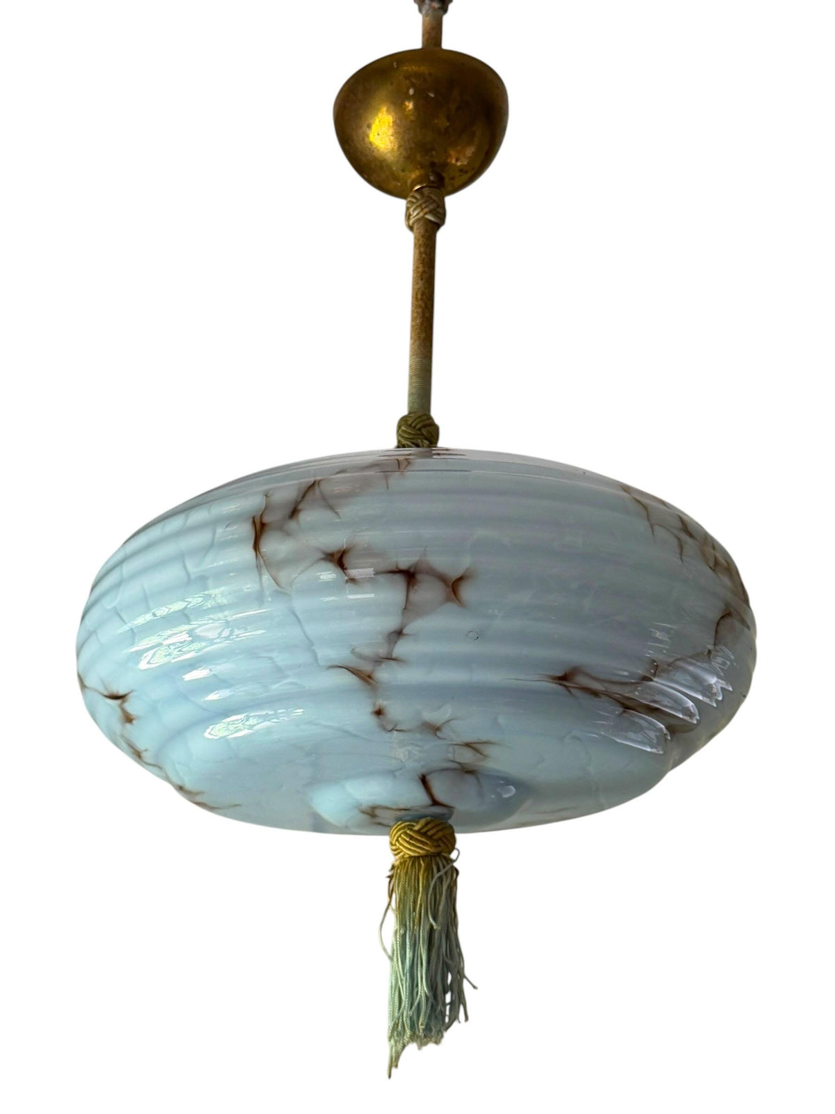Art deco pastel baby blue charleston ceiling Lamp with Opaline Glass, , c. 1920s  Ceiling lamp hanging , rod