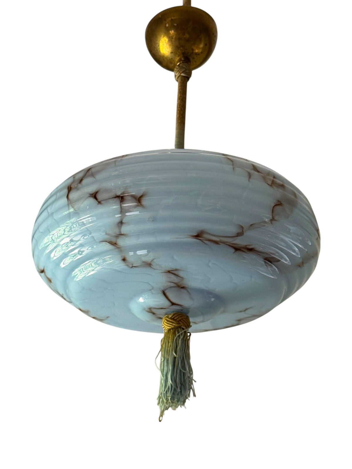 Art deco pastel baby blue charleston ceiling Lamp with Opaline Glass, , c. 1920s  Ceiling lamp hanging , rod