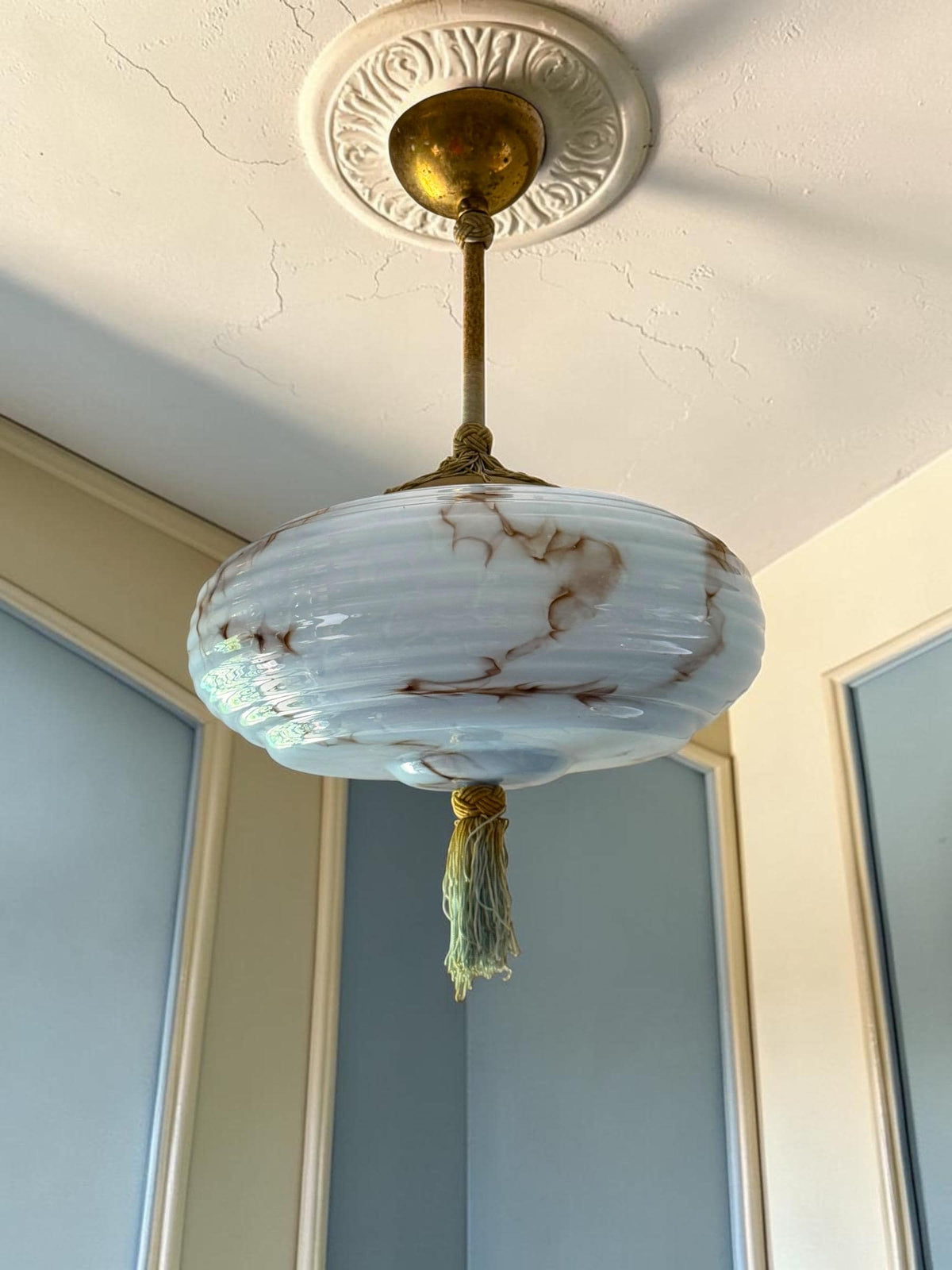 Art deco pastel baby blue charleston ceiling Lamp with Opaline Glass, , c. 1920s  Ceiling lamp hanging , rod