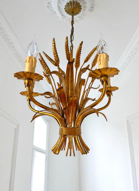 Vintage Gold ears of Corn Chandelier by Hans Kögl, Hollywood Regency Coco luster lamp goldgilt
