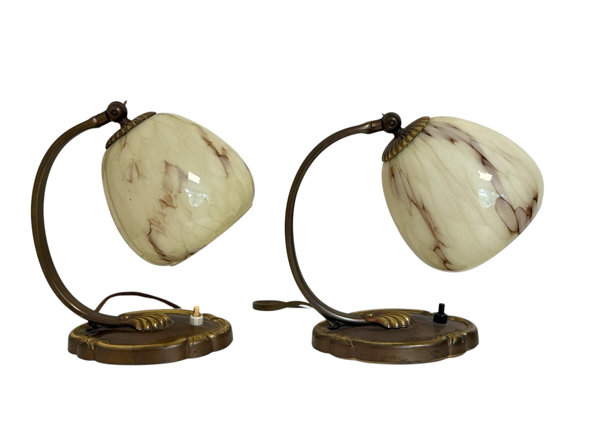 Set of deco  brass Bedside Lamps, 1930s opalin Glass Table Lamp ausema lights antique pair