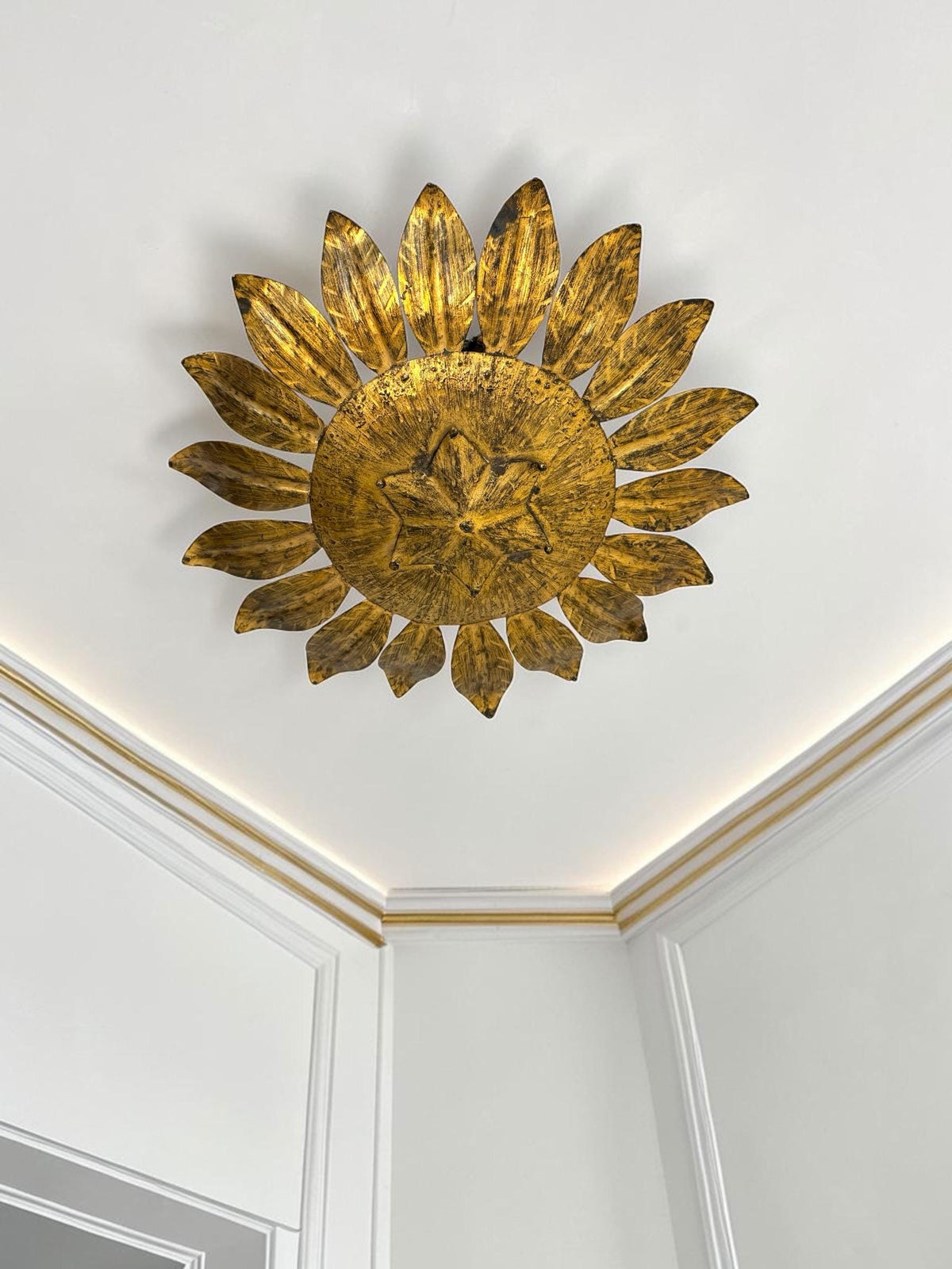 Spanish gold Gilt Metal Sunburst Ceiling Light, 1960s hollywood regency vintage luxury lamp