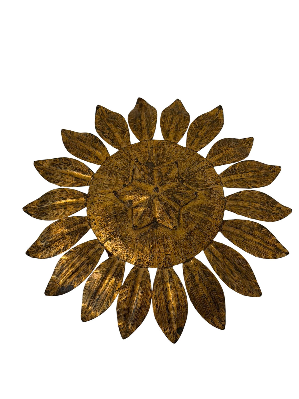 Spanish gold Gilt Metal Sunburst Ceiling Light, 1960s hollywood regency vintage luxury lamp