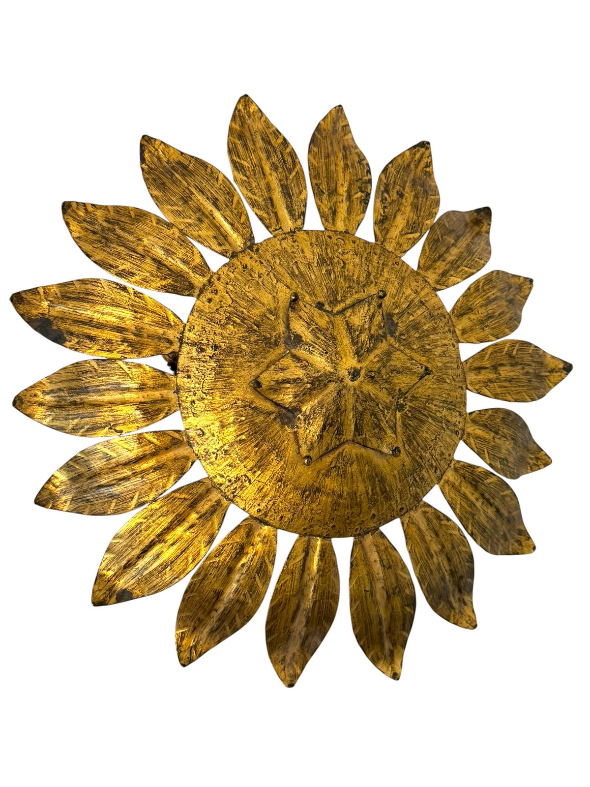 Spanish gold Gilt Metal Sunburst Ceiling Light, 1960s hollywood regency vintage luxury lamp