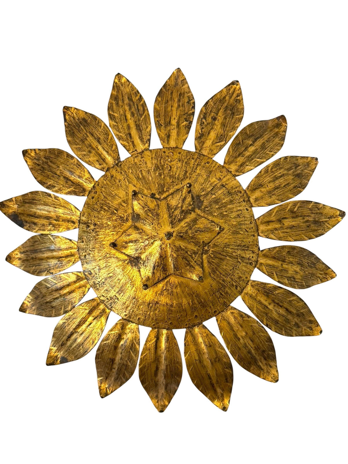 Spanish gold Gilt Metal Sunburst Ceiling Light, 1960s hollywood regency vintage luxury lamp