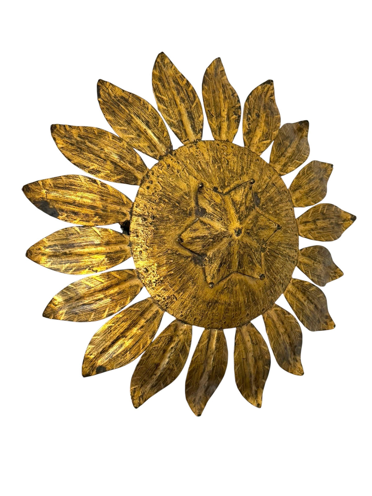 Spanish gold Gilt Metal Sunburst Ceiling Light, 1960s hollywood regency vintage luxury lamp