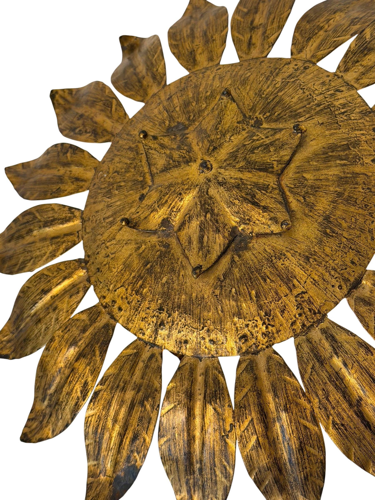 Spanish gold Gilt Metal Sunburst Ceiling Light, 1960s hollywood regency vintage luxury lamp