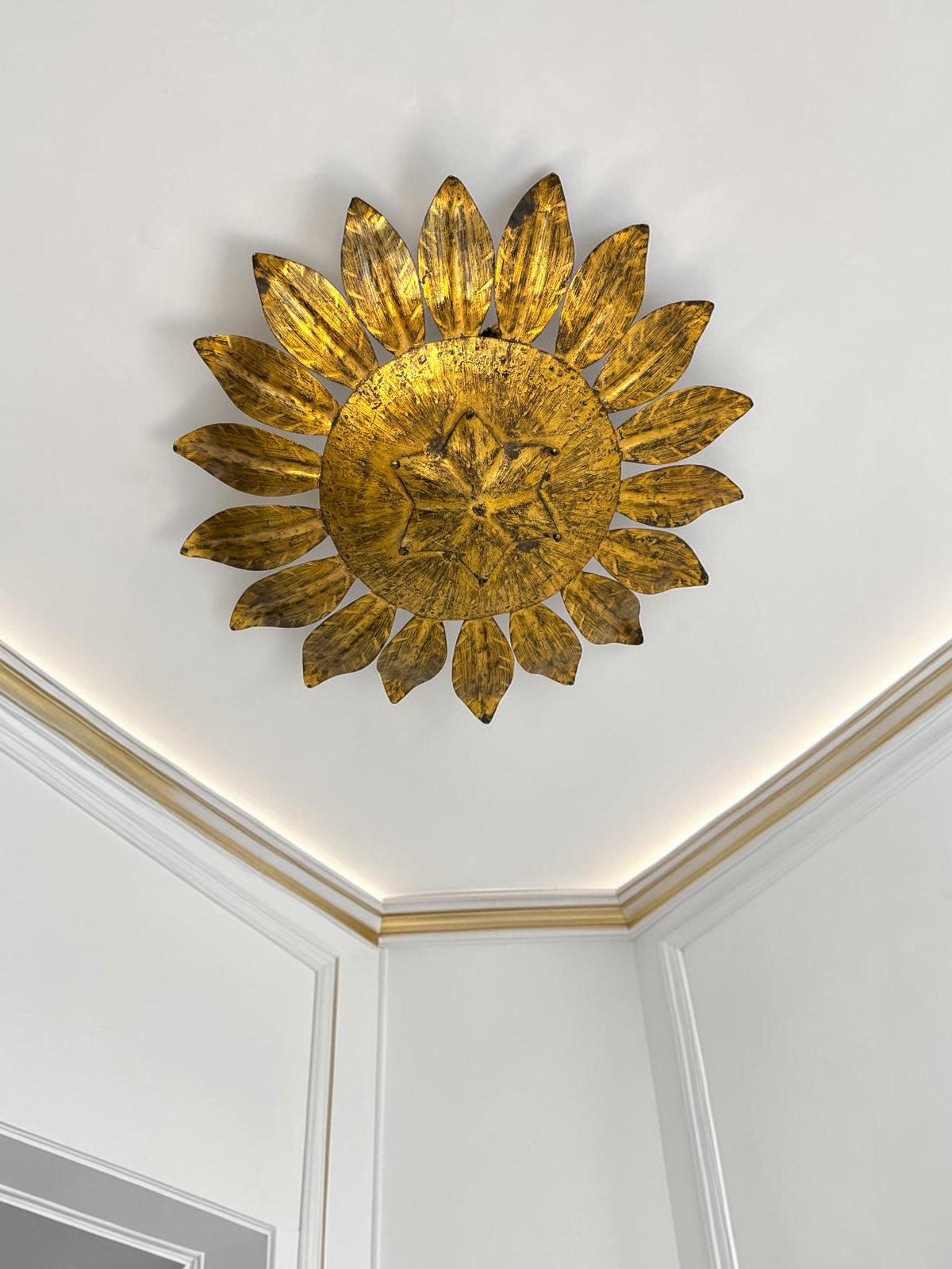 Spanish gold Gilt Metal Sunburst Ceiling Light, 1960s hollywood regency vintage luxury lamp