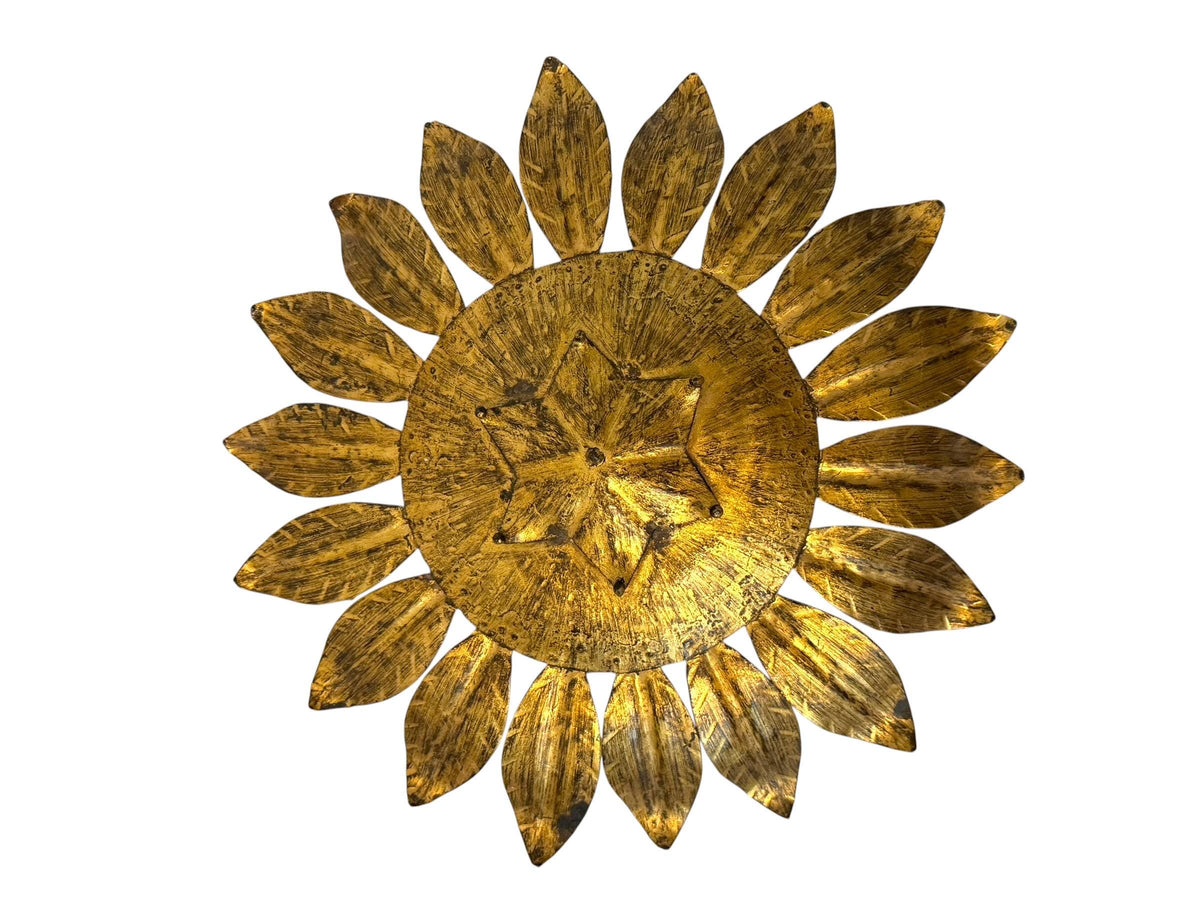 Spanish gold Gilt Metal Sunburst Ceiling Light, 1960s hollywood regency vintage luxury lamp