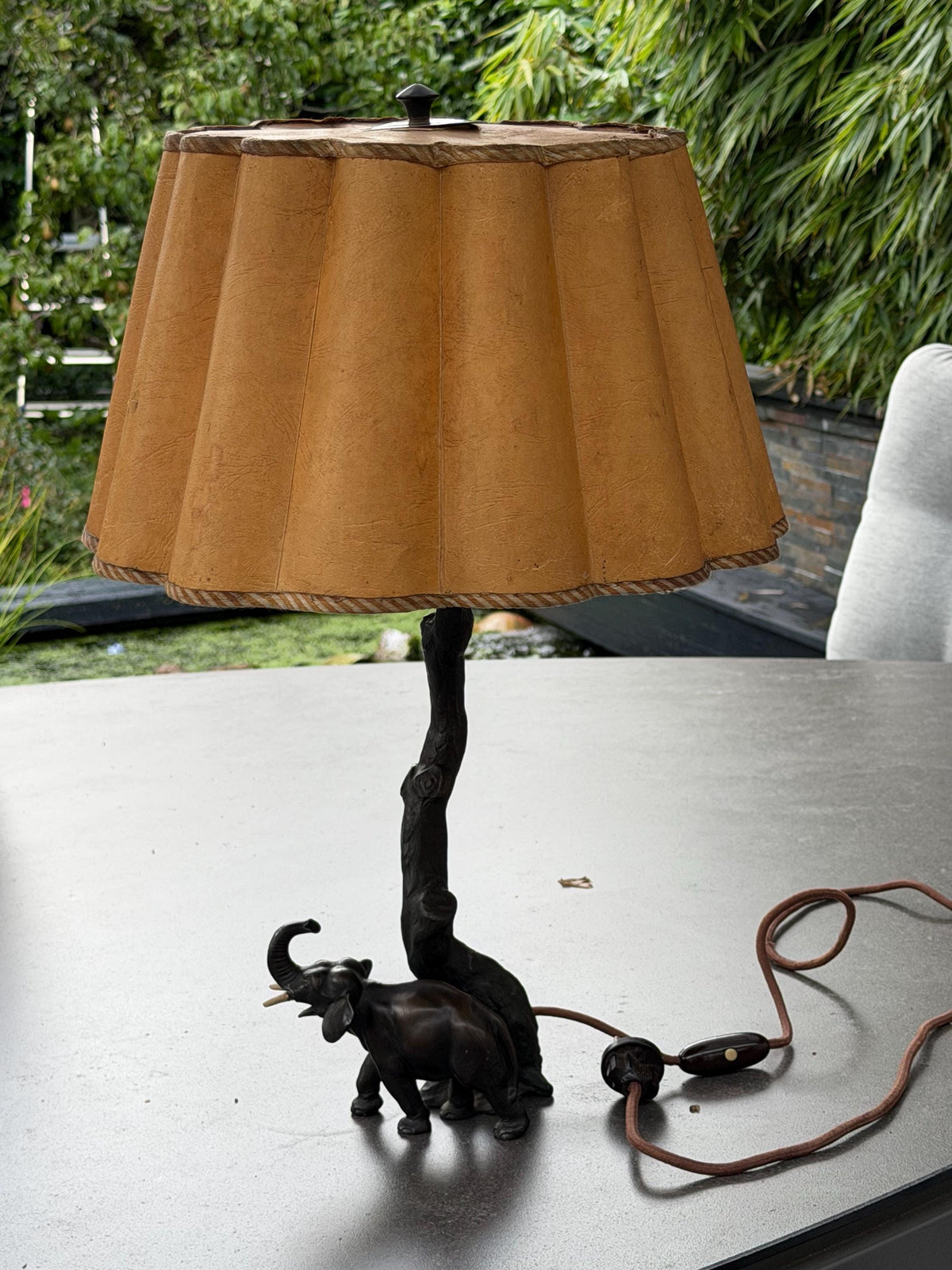 Antique schwarzwald Bronzed Metal Elephant Table Lamp, Black Forest, Germany, circa 1930, with Parchment Shade, Country House Decor