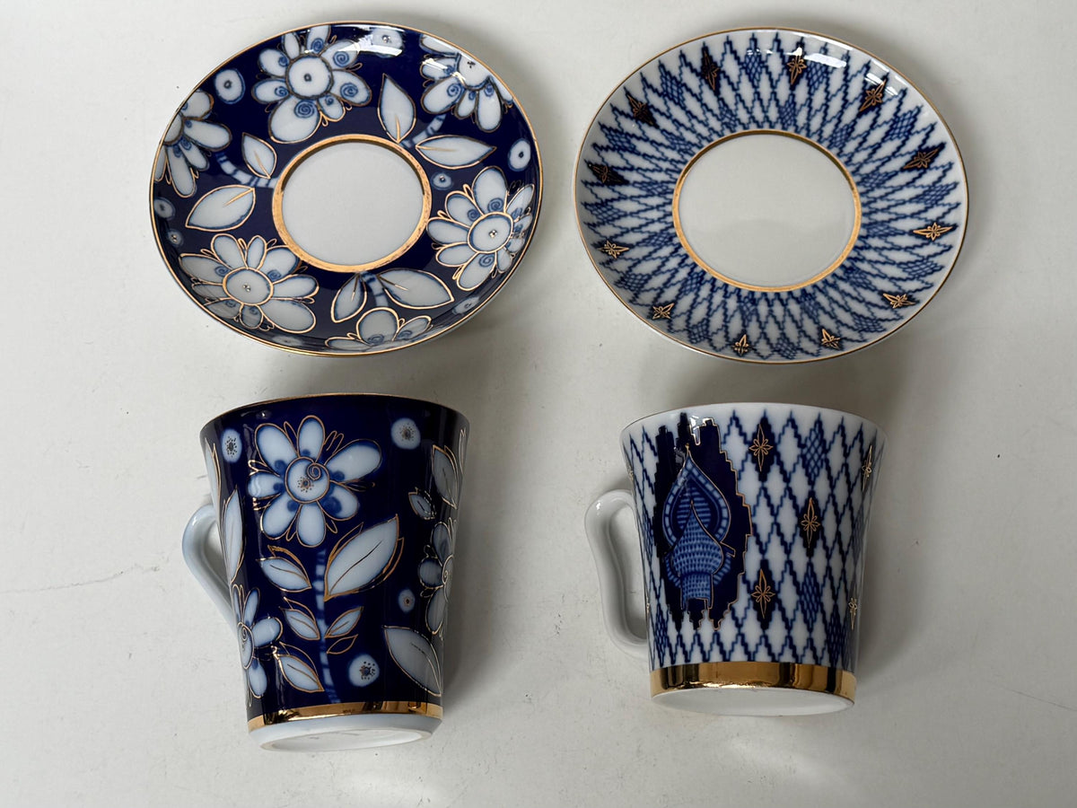 A set of 2 Lomonosov Large Cup and Saucer Cobalt Blue White Flowers 22K Gold porcelain, chocolate, tea cup xl tableware