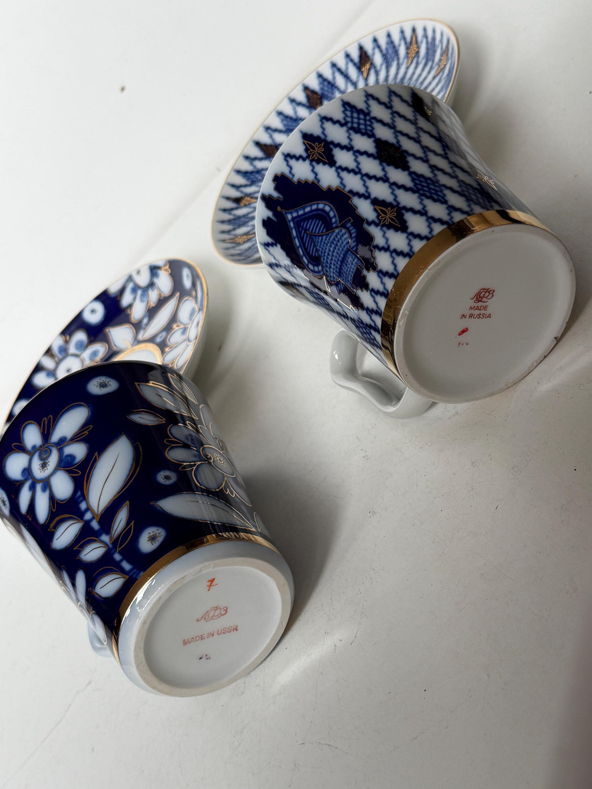 A set of 2 Lomonosov Large Cup and Saucer Cobalt Blue White Flowers 22K Gold porcelain, chocolate, tea cup xl tableware