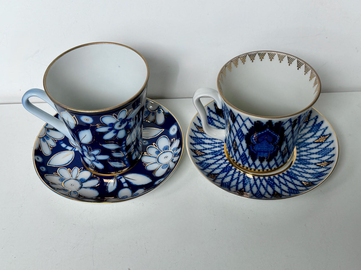 A set of 2 Lomonosov Large Cup and Saucer Cobalt Blue White Flowers 22K Gold porcelain, chocolate, tea cup xl tableware