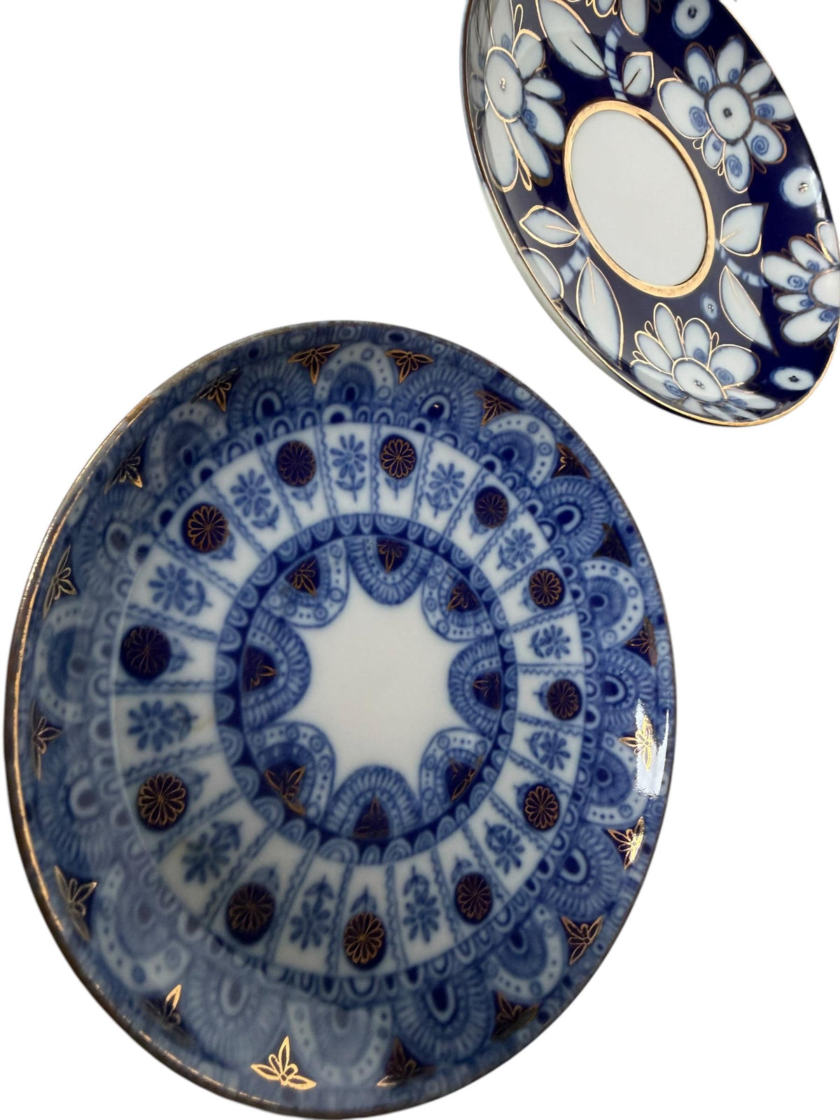 A set of 5 Lomonosov Saucer Cobalt Blue White Flowers 22K Gold porcelain,  tableware
