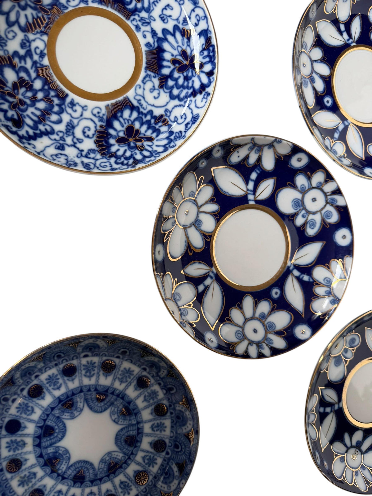 A set of 5 Lomonosov Saucer Cobalt Blue White Flowers 22K Gold porcelain,  tableware
