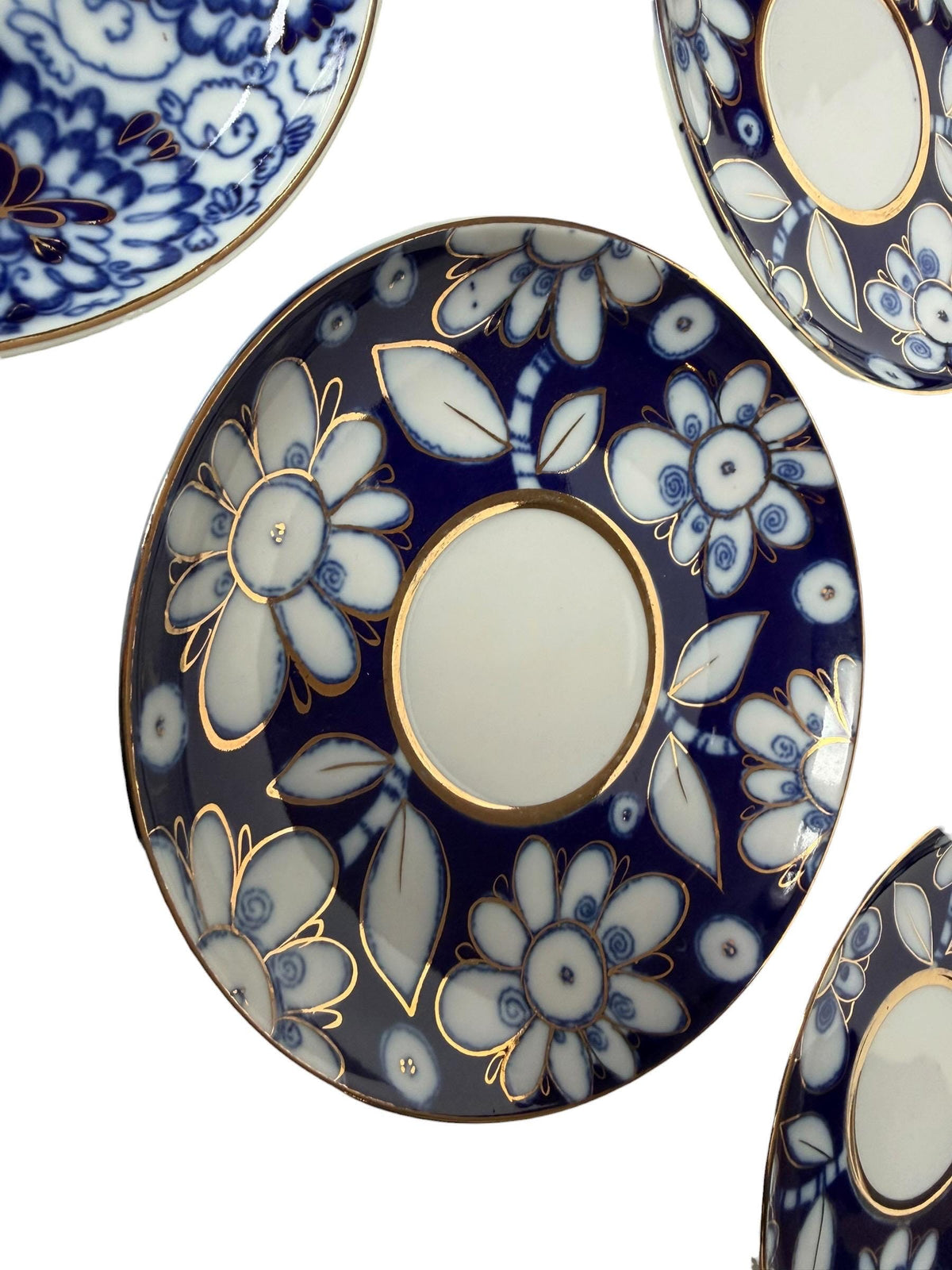 A set of 5 Lomonosov Saucer Cobalt Blue White Flowers 22K Gold porcelain,  tableware