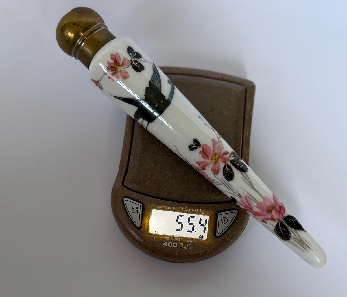 19th Century Porcelain Pointed Scent Bottle Hand Painted Bird Flowers Gilt Cap ca 1875-1890 victorian inspired japanoise