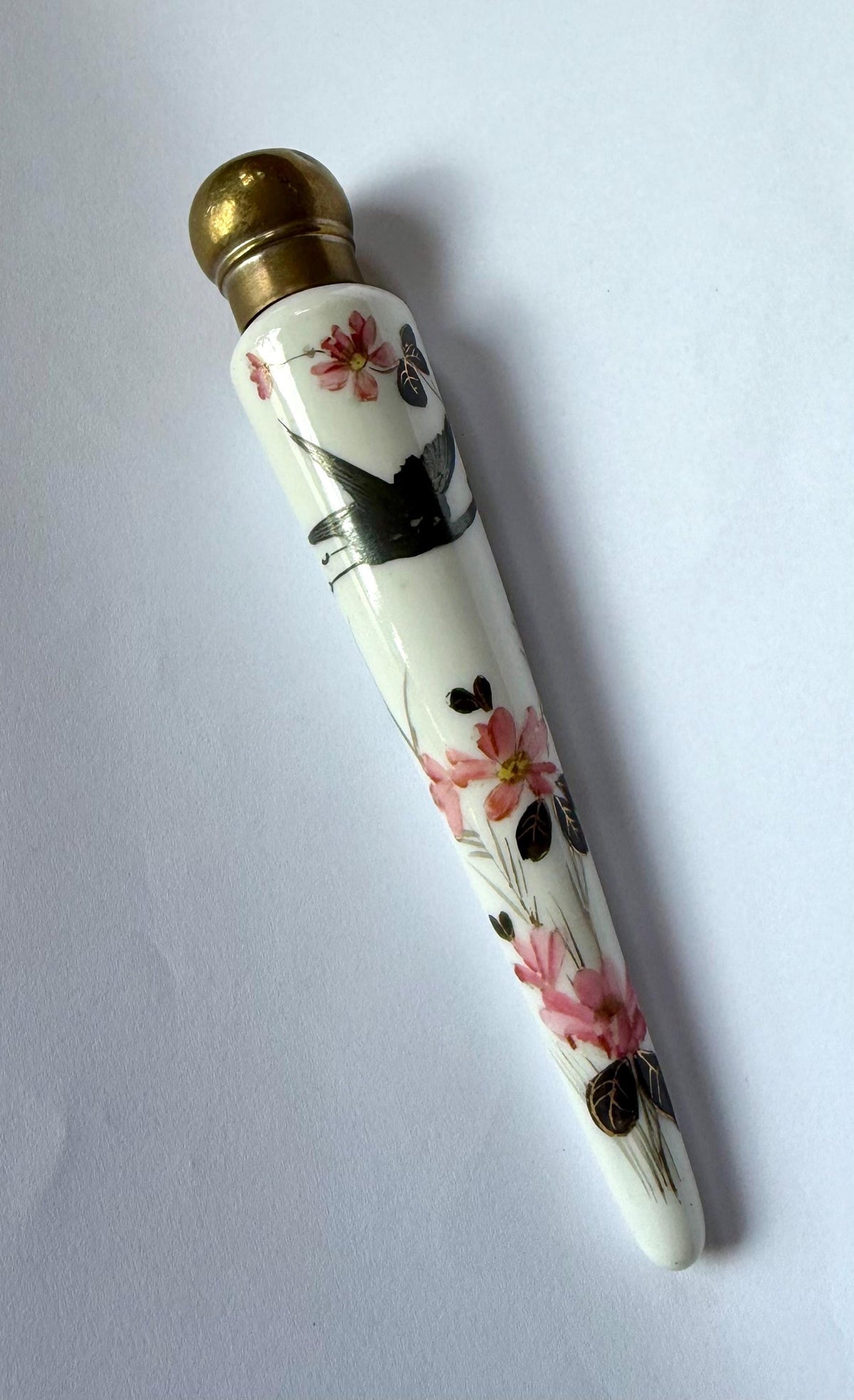 19th Century Porcelain Pointed Scent Bottle Hand Painted Bird Flowers Gilt Cap ca 1875-1890 victorian inspired japanoise