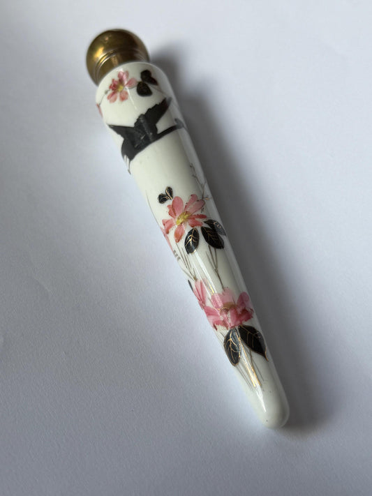 19th Century Porcelain Pointed Scent Bottle Hand Painted Bird Flowers Gilt Cap ca 1875-1890 victorian inspired japanoise