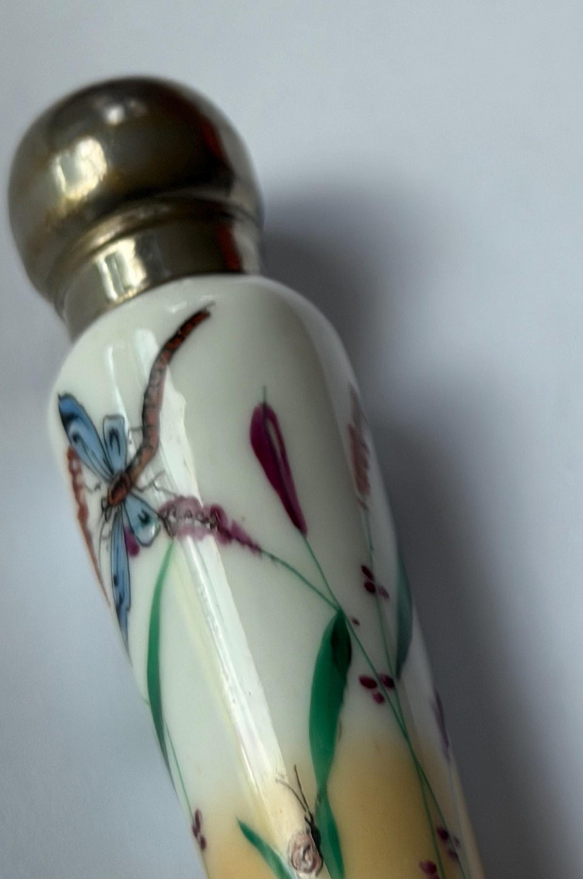 19th Century Porcelain Pointed Scent Bottle Hand Painted Bird Flowers Gilt Cap ca 1875-1890 victorian inspired japanoise