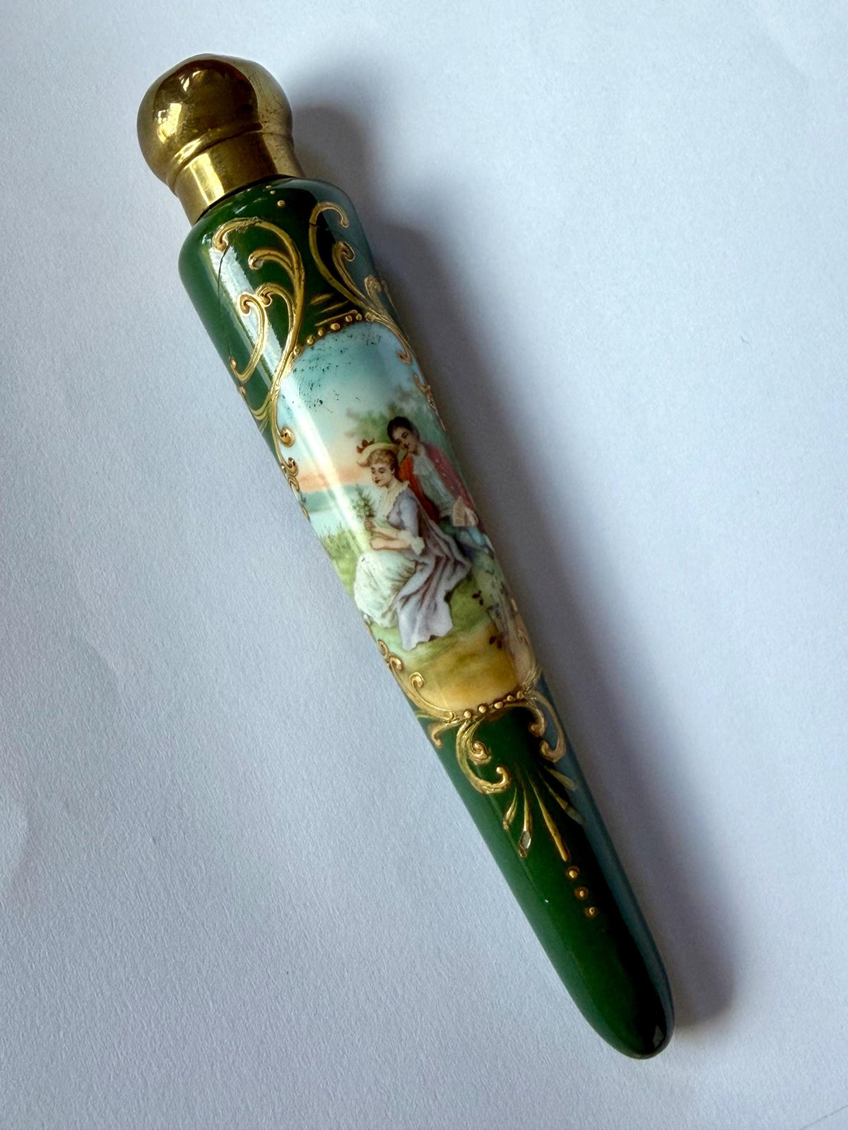 19th Century Porcelain Pointed Scent Bottle Hand Painted romantic scenery Cap ca 1875-1890 victorian british racing green