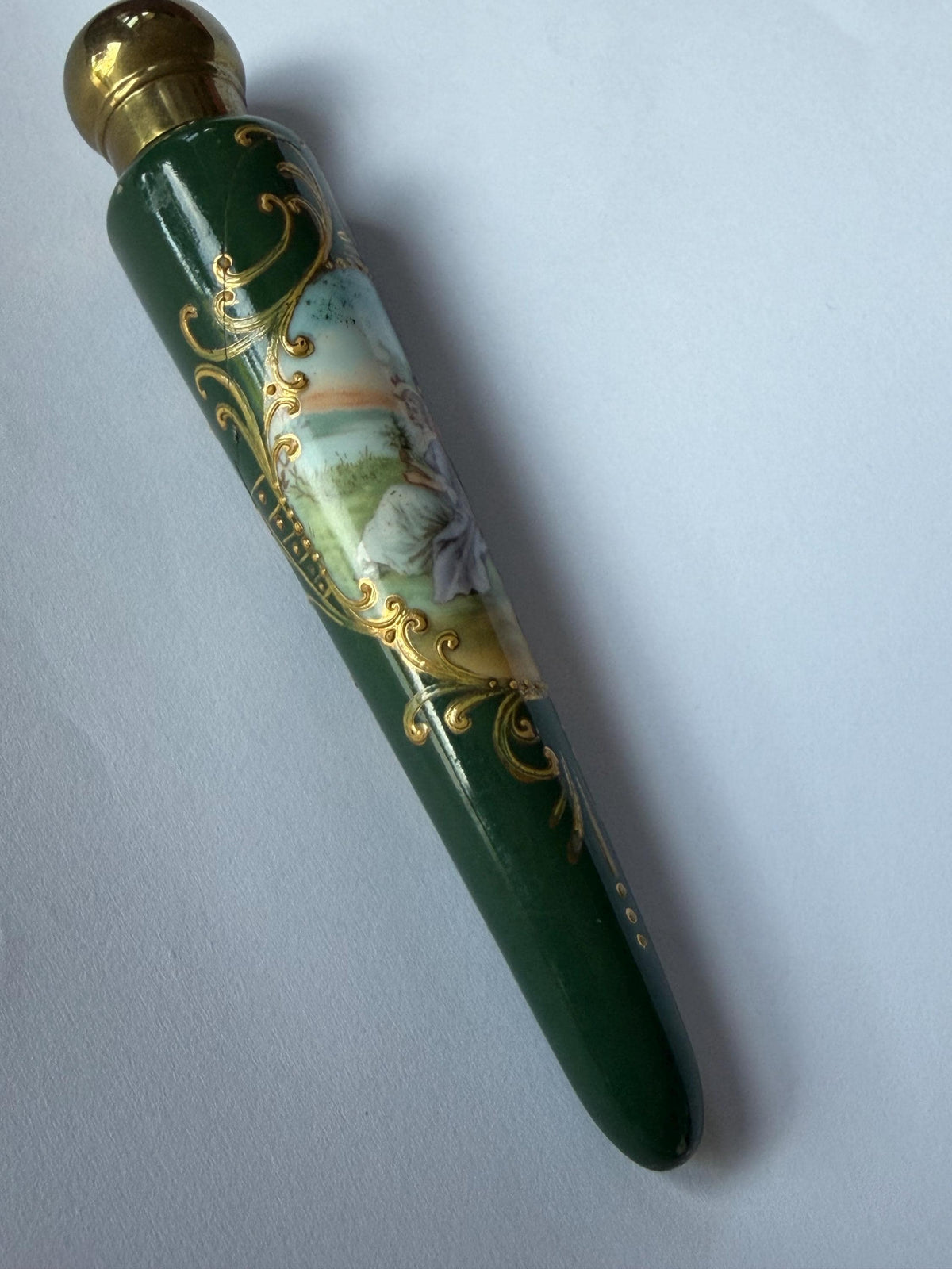 19th Century Porcelain Pointed Scent Bottle Hand Painted romantic scenery Cap ca 1875-1890 victorian british racing green