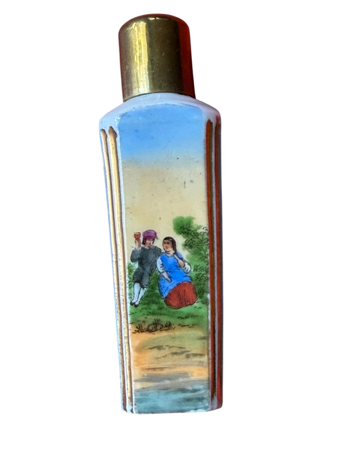 19th Century Porcelain Scent Bottle Hand Painted, Gilt Cap ca 1875-1890 victorian