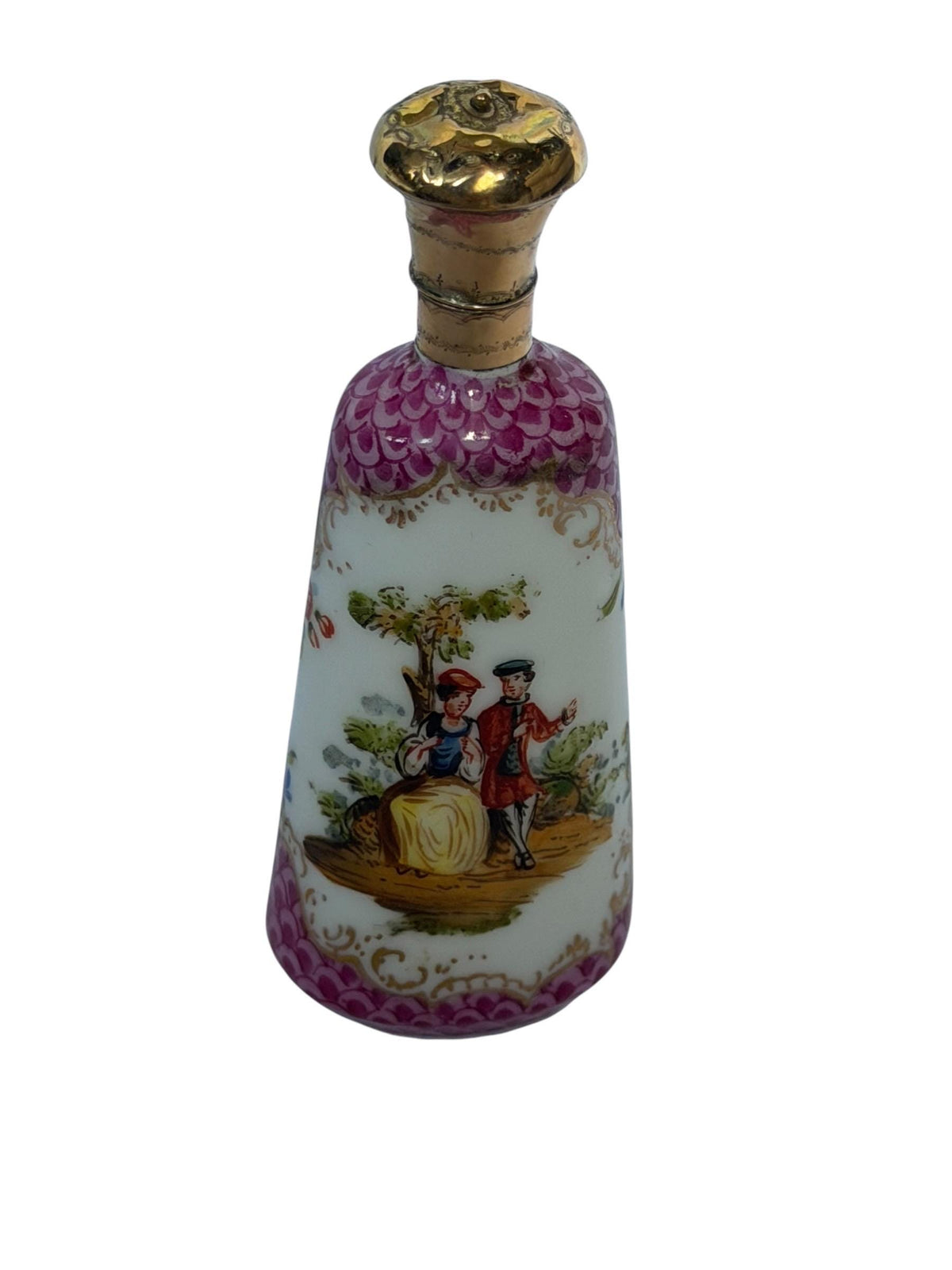 19th Century Dresden handpainted Porcelain Perfume Bottle with 14k Gold, c. 1850–1880 antique