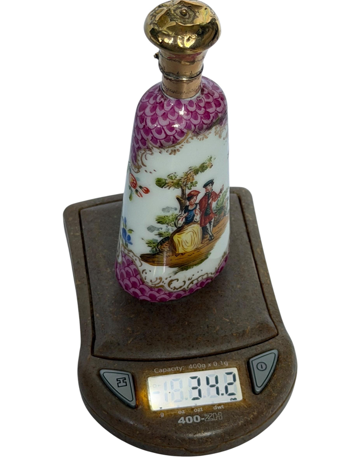 19th Century Dresden handpainted Porcelain Perfume Bottle with 14k Gold, c. 1850–1880 antique