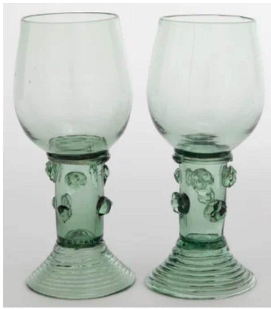 Pair of Antique Green Glass Roemer Wine Glasses with Prunts, 19th Century German Dutch Glass