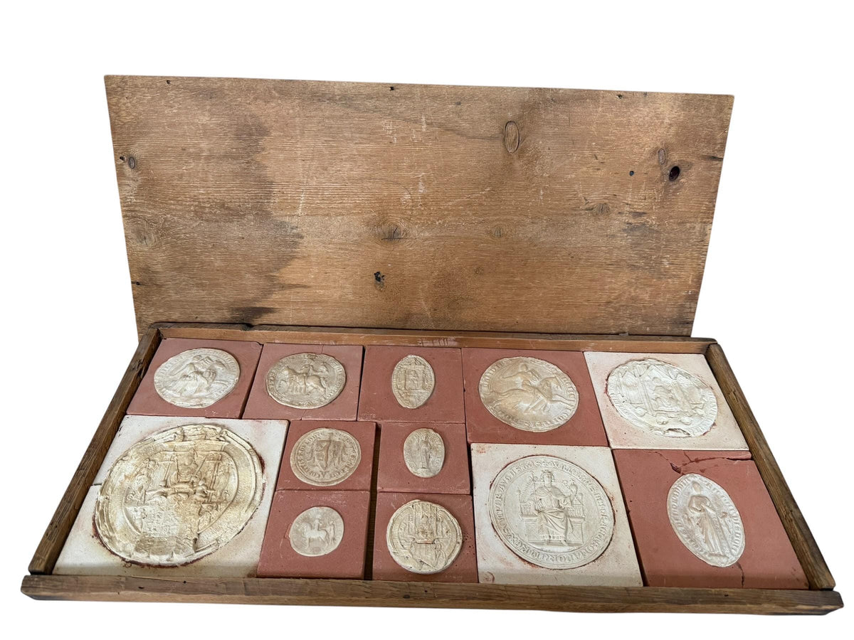 19th Century Plaster Casts of Medieval Wax Seals in Wooden Box – William II of Holland , antique sigillographic study collection