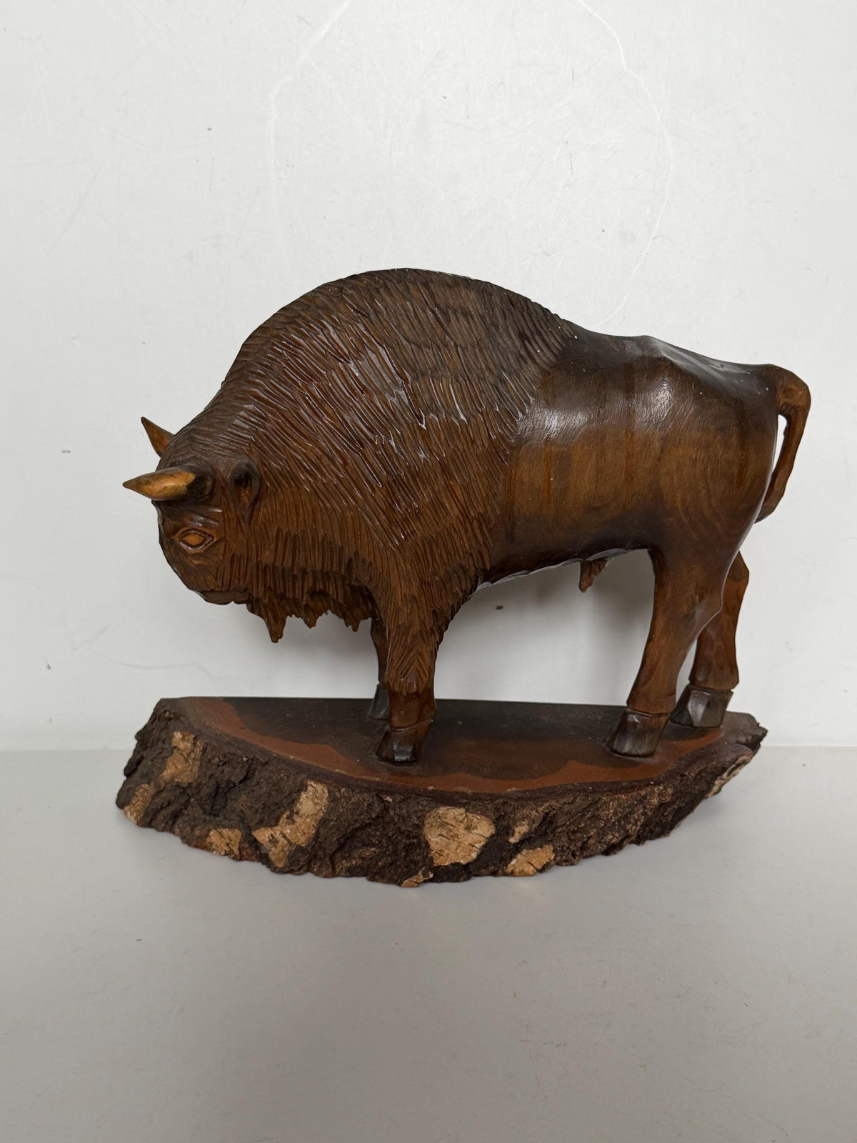 Polish Midcentury PRL Communist Era Zubr Bison designer Sculpture, Hand Carved Wood, ca. 1960s