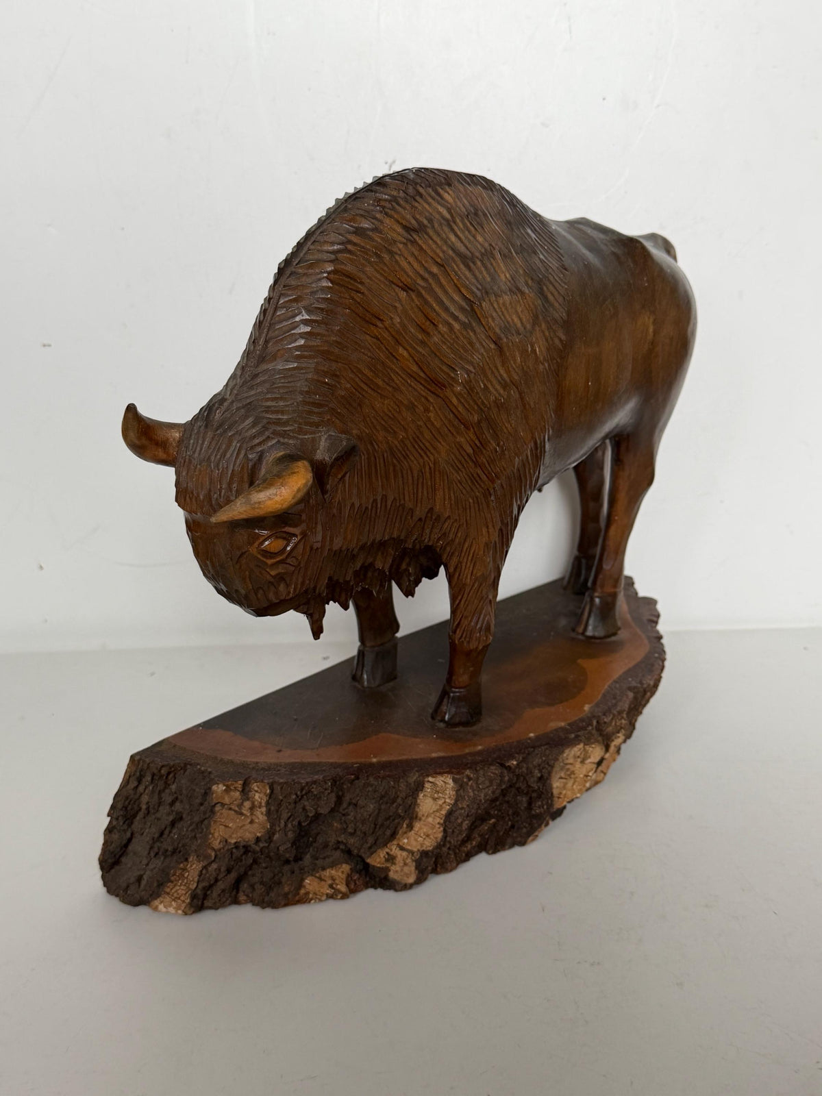 Polish Midcentury PRL Communist Era Zubr Bison designer Sculpture, Hand Carved Wood, ca. 1960s