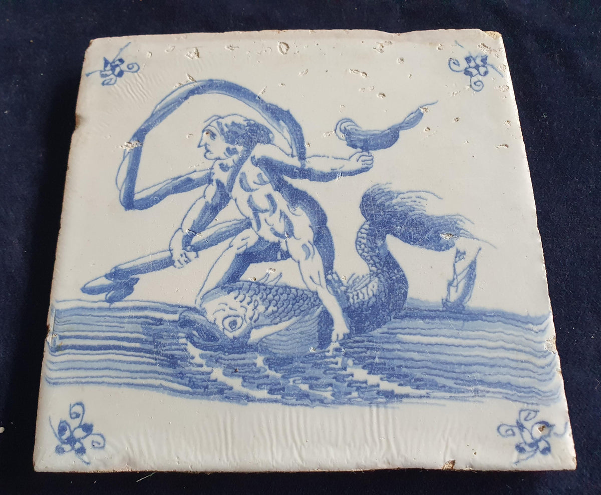Delft tile with  a merman was produced around 1660 .  mythicaltile