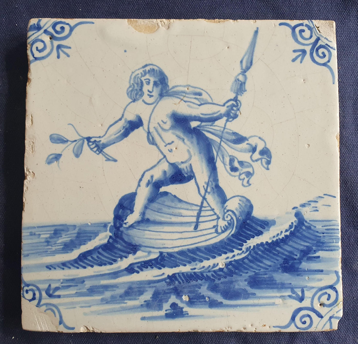Delft tile with Sea creature salling on a seashell ,Rare . around 1640, mythicaltile