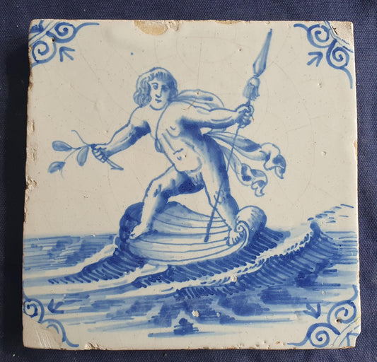 Delft tile with Sea creature salling on a seashell ,Rare . around 1640, mythicaltile