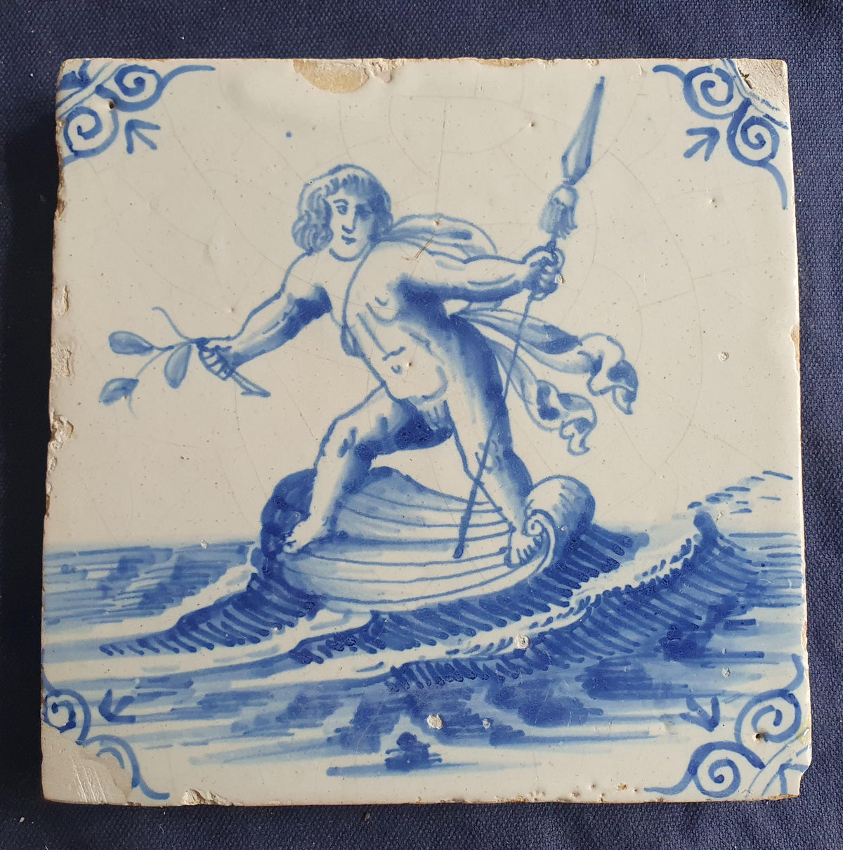 Delft tile with Sea creature salling on a seashell ,Rare . around 1640, mythicaltile