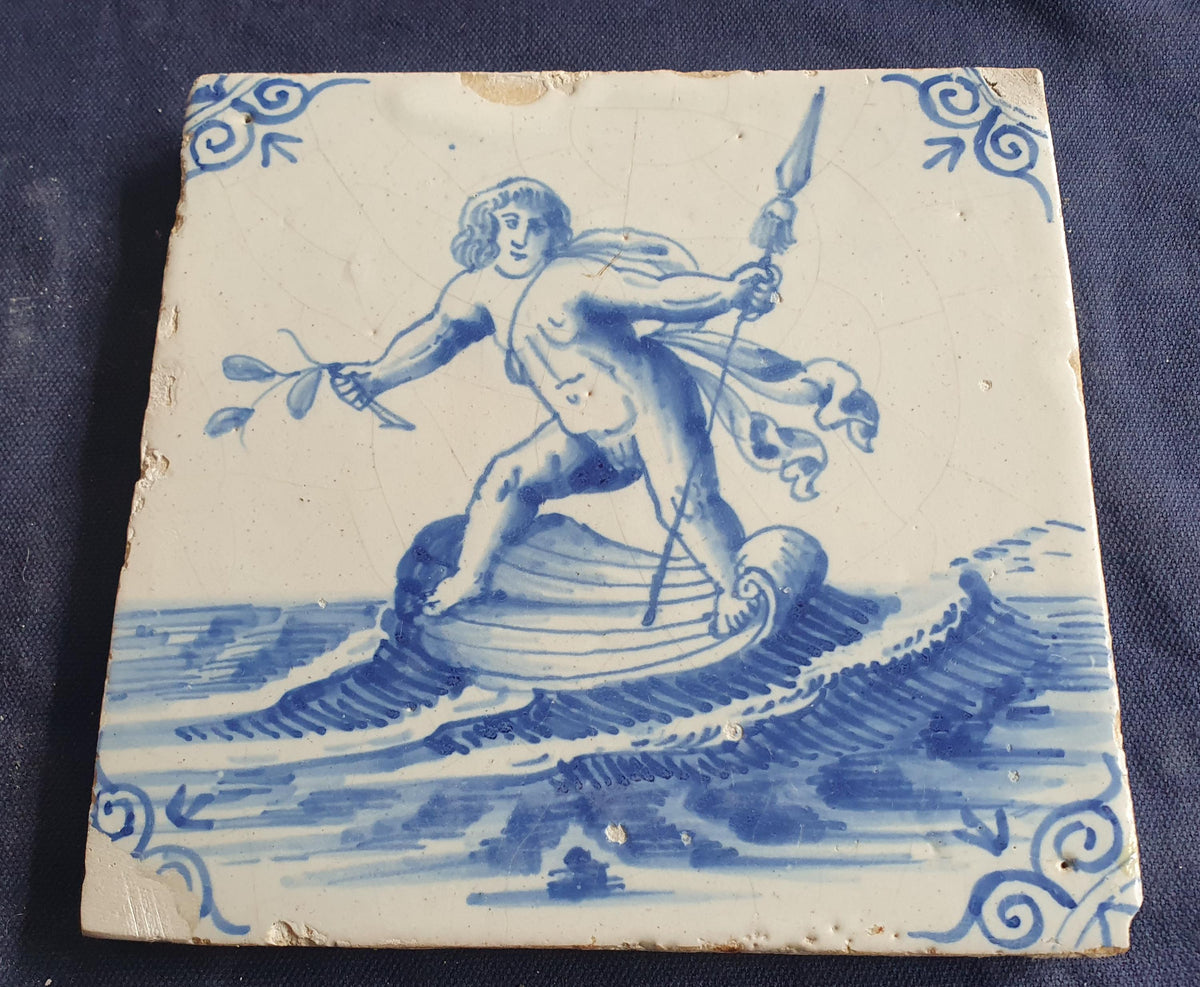Delft tile with Sea creature salling on a seashell ,Rare . around 1640, mythicaltile