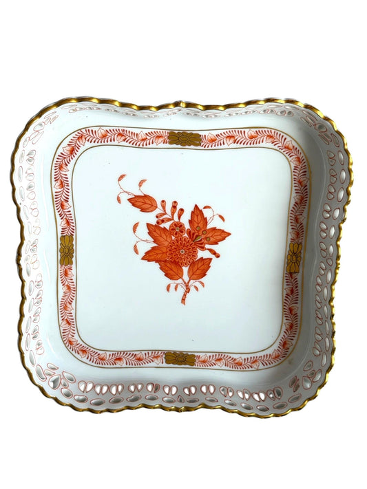 Large Herend Apponyi Orange Square Openwork dish, serving tray , Basket,  platter,  Hand-Painted Porcelain, Hungary, ca. 18 cm