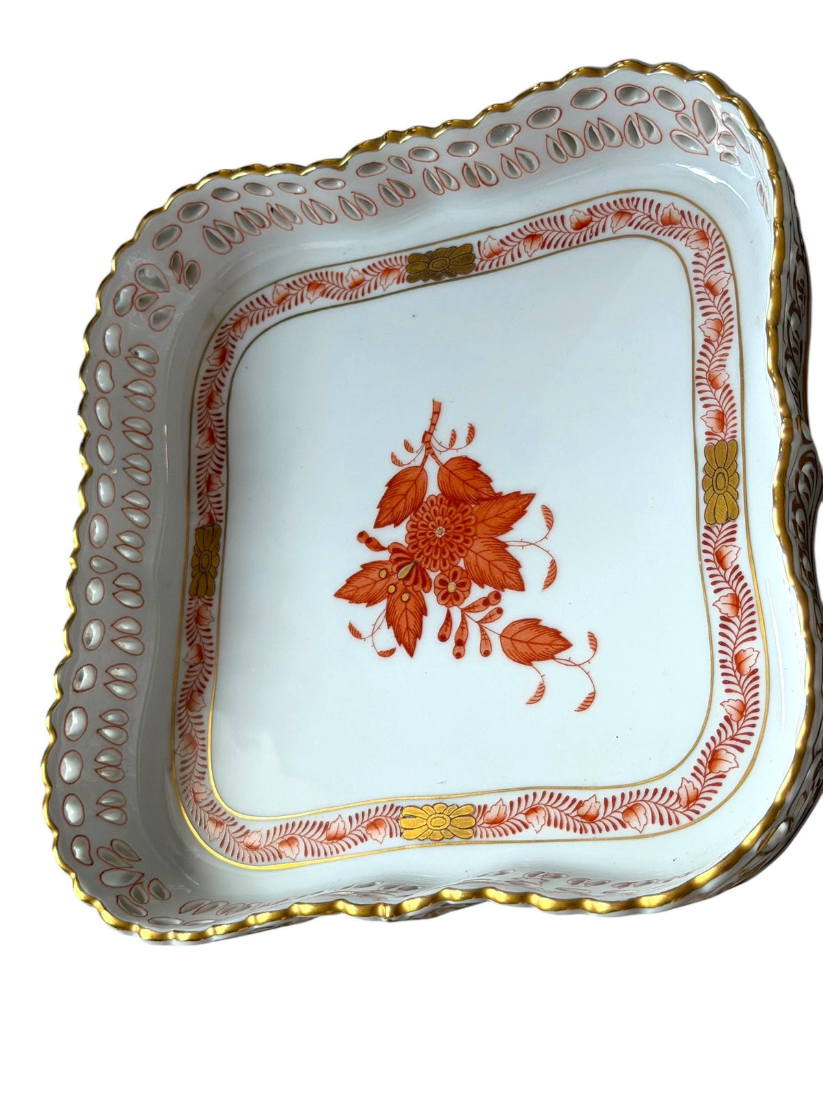 Large Herend Apponyi Orange Square Openwork dish, serving tray , Basket,  platter,  Hand-Painted Porcelain, Hungary, ca. 18 cm