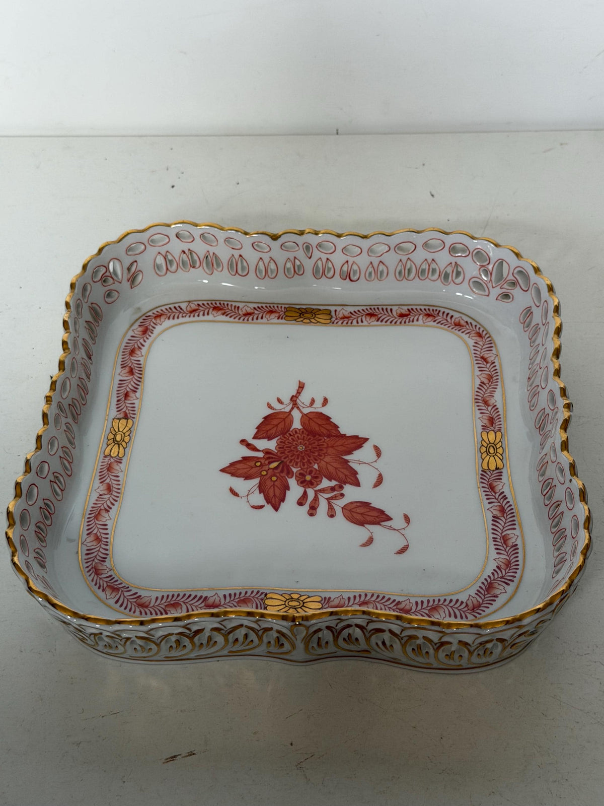 Large Herend Apponyi Orange Square Openwork dish, serving tray , Basket,  platter,  Hand-Painted Porcelain, Hungary, ca. 18 cm