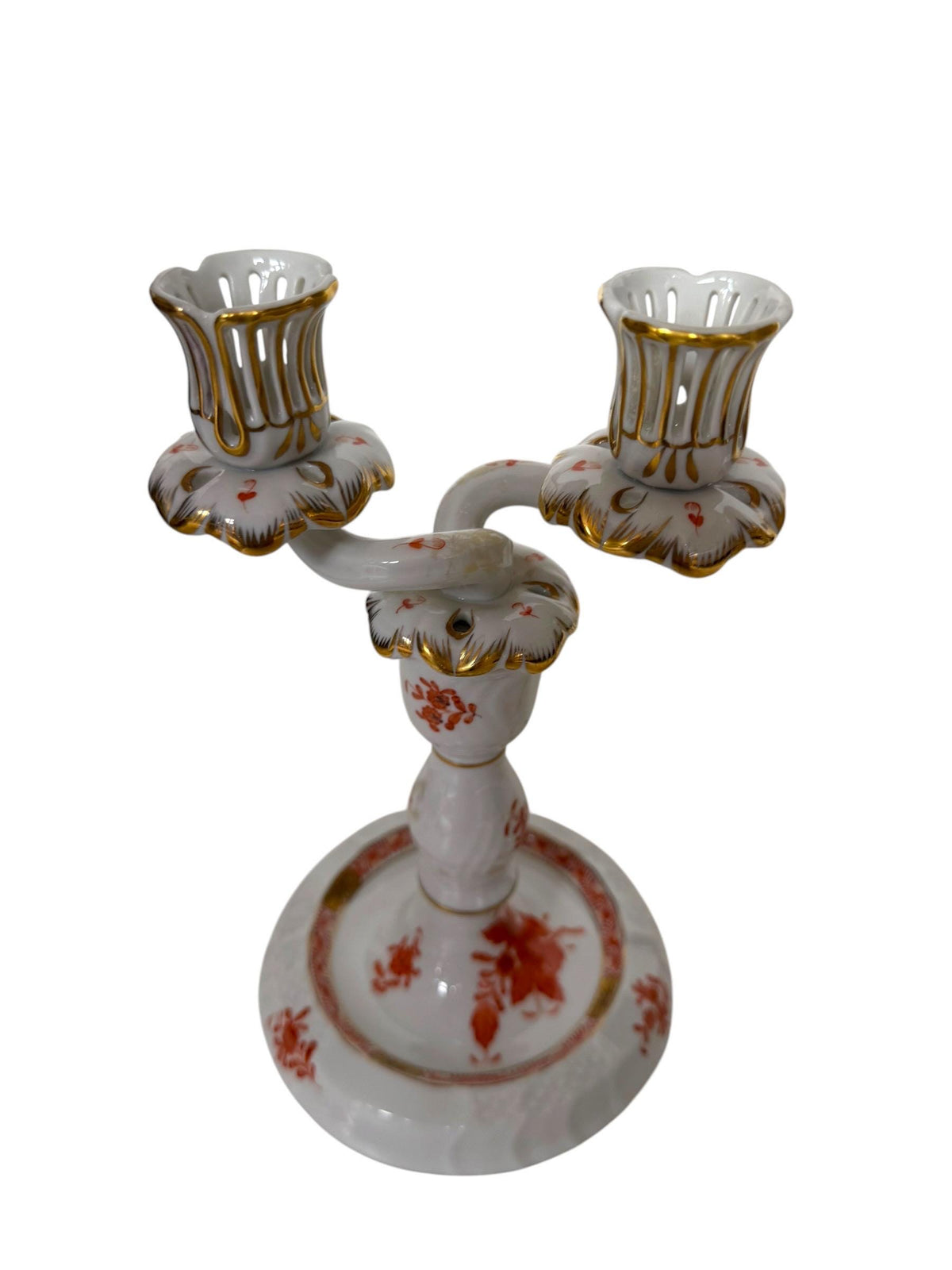 Pair of Herend Apponyi Orange Convertible Two-Arm Candelabra, Hand-Painted Porcelain, Hungary