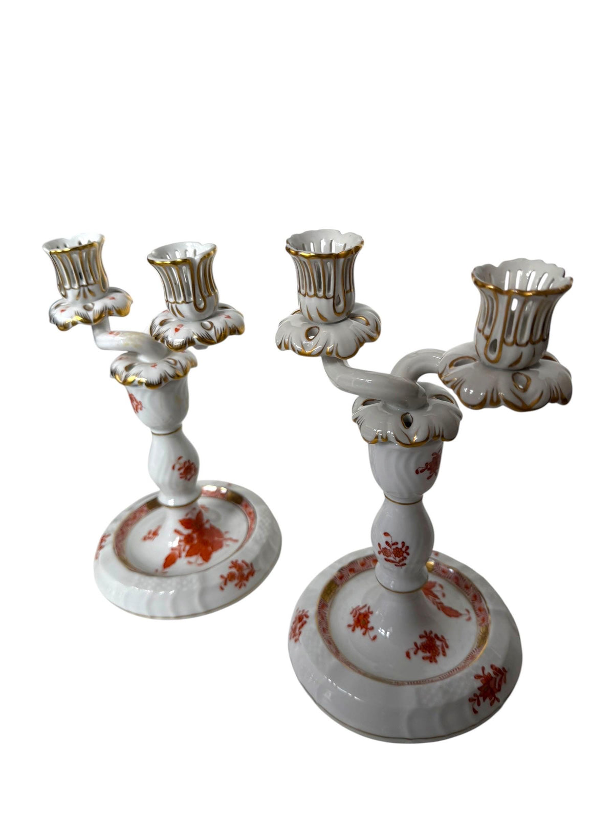 Pair of Herend Apponyi Orange Convertible Two-Arm Candelabra, Hand-Painted Porcelain, Hungary