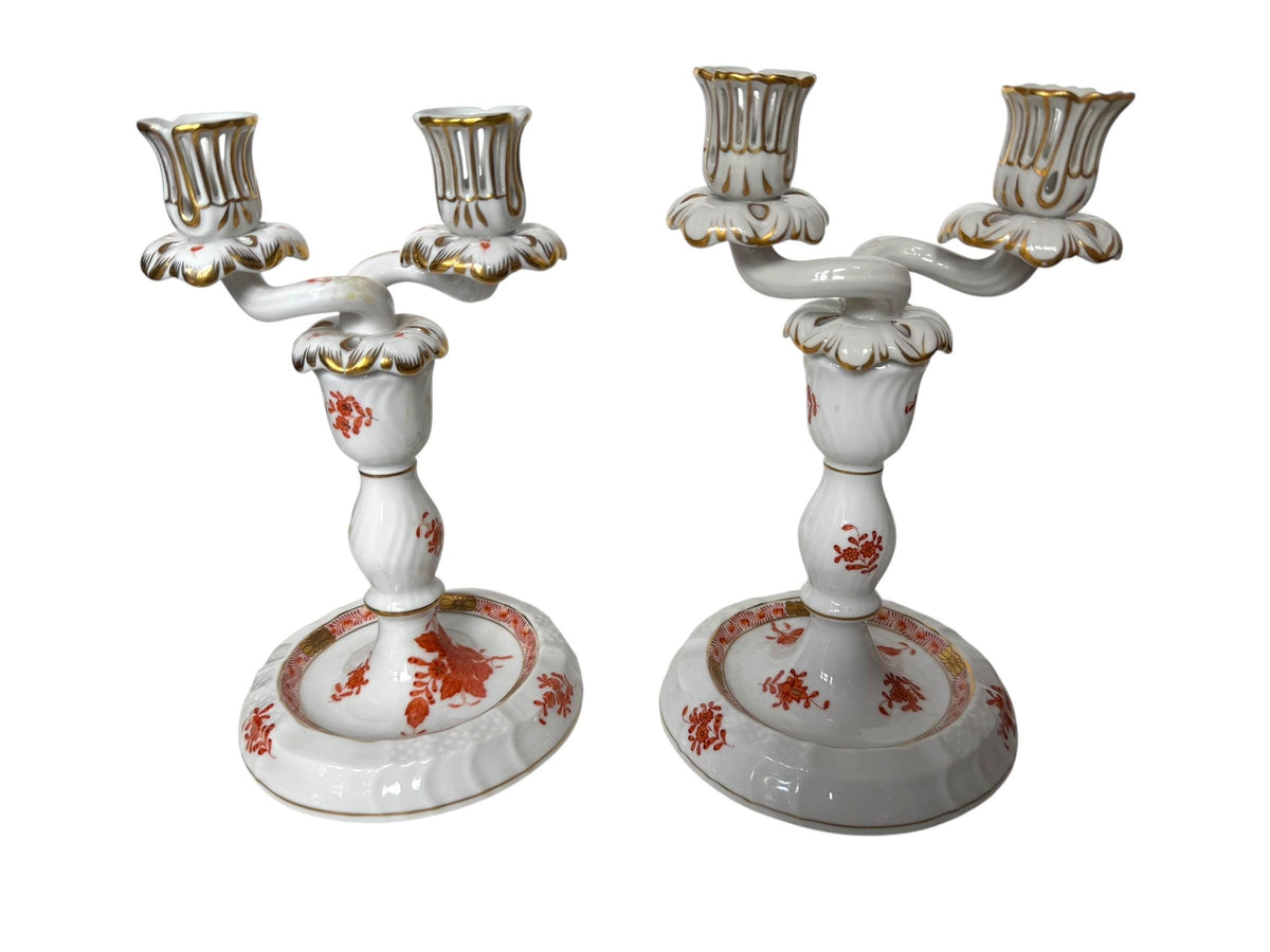 Pair of Herend Apponyi Orange Convertible Two-Arm Candelabra, Hand-Painted Porcelain, Hungary