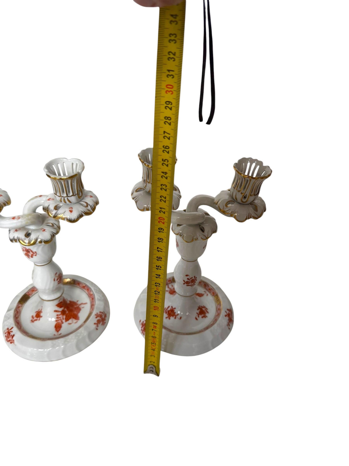 Pair of Herend Apponyi Orange Convertible Two-Arm Candelabra, Hand-Painted Porcelain, Hungary