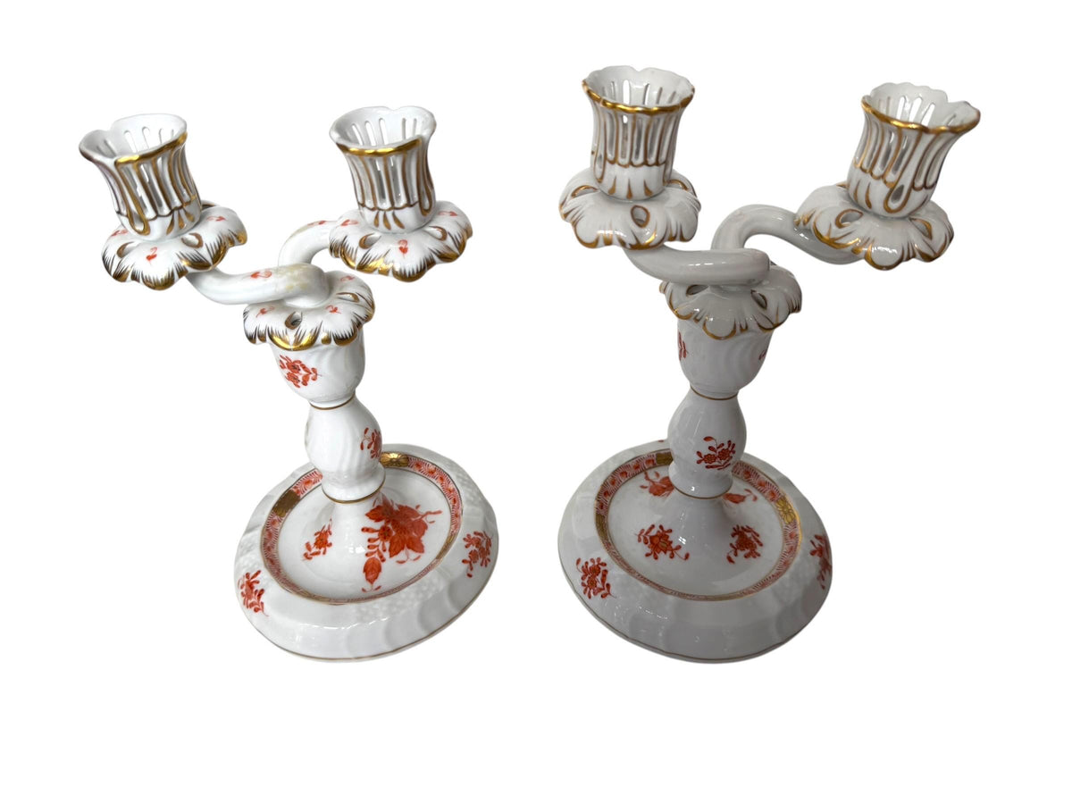 Pair of Herend Apponyi Orange Convertible Two-Arm Candelabra, Hand-Painted Porcelain, Hungary