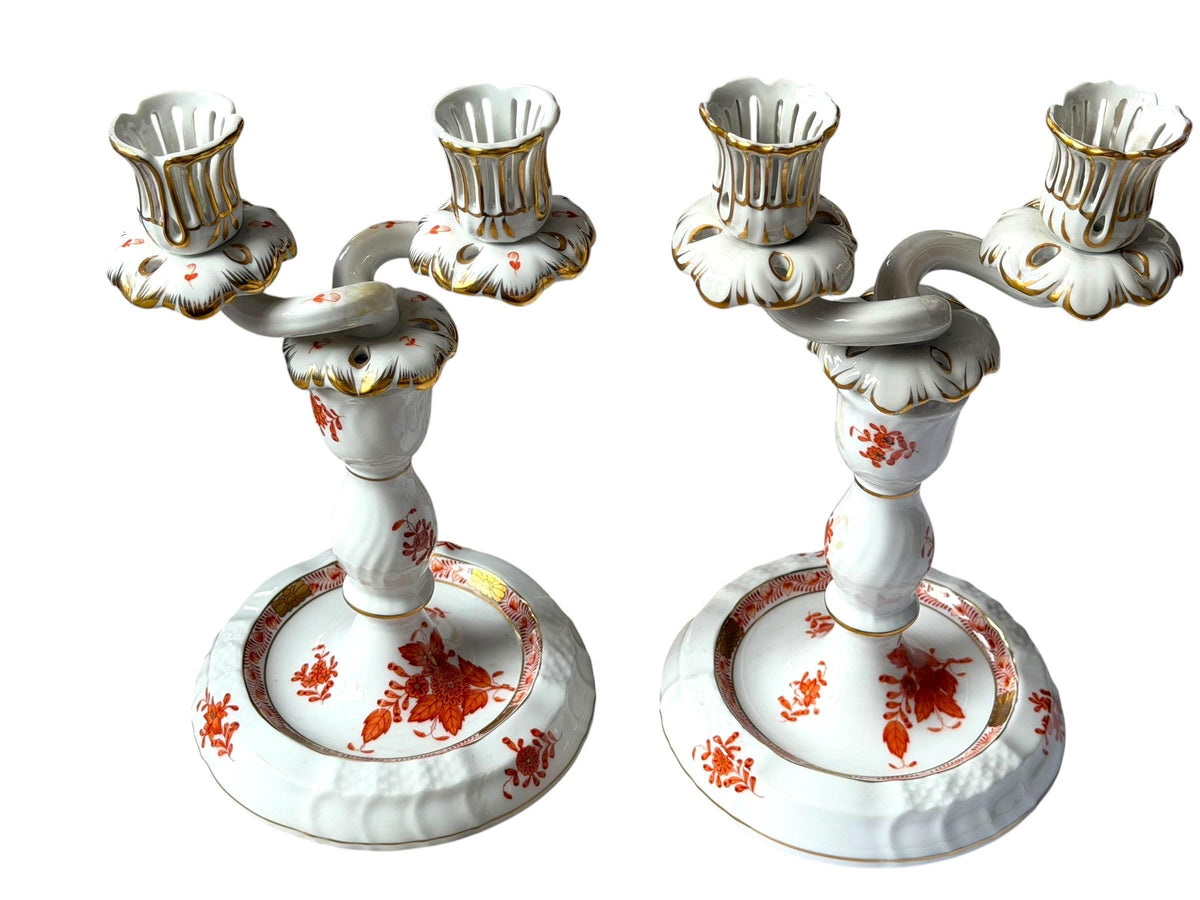 Pair of Herend Apponyi Orange Convertible Two-Arm Candelabra, Hand-Painted Porcelain, Hungary