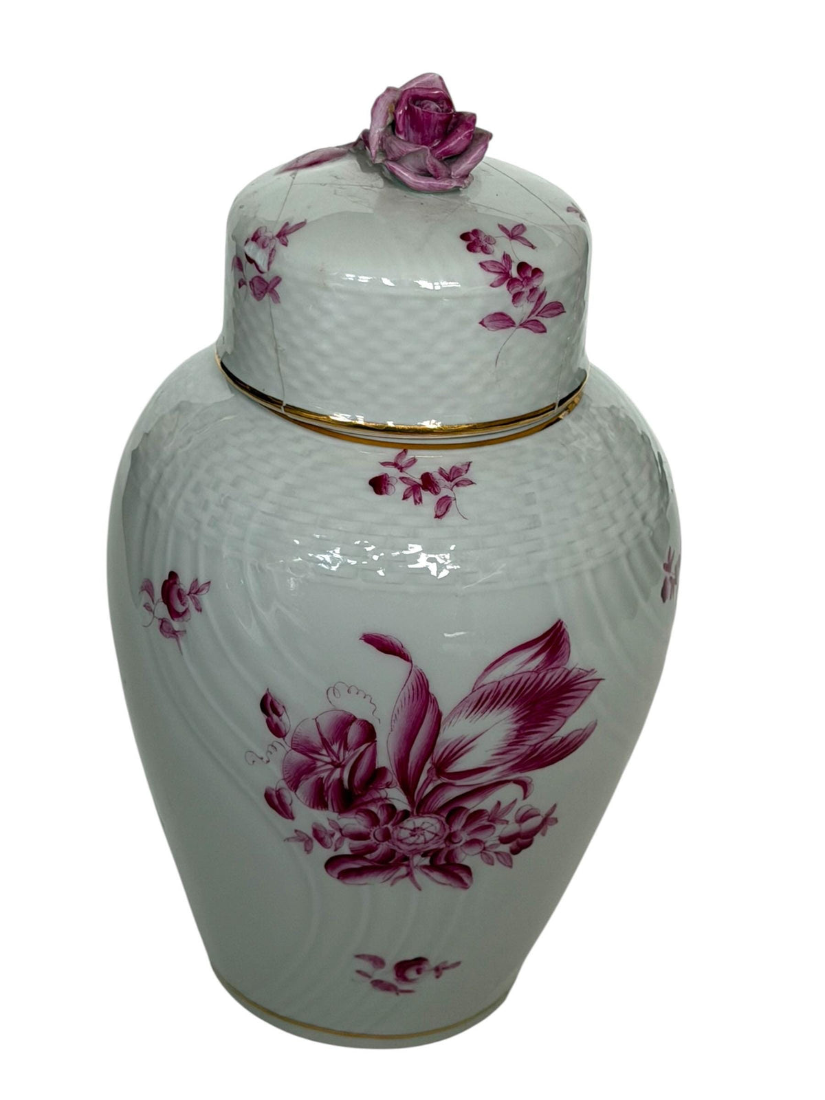 Herend Hungary Porcelain Ginger Jar, Pink Floral Decor, Rose Finial, Lidded Vase, 22 cm