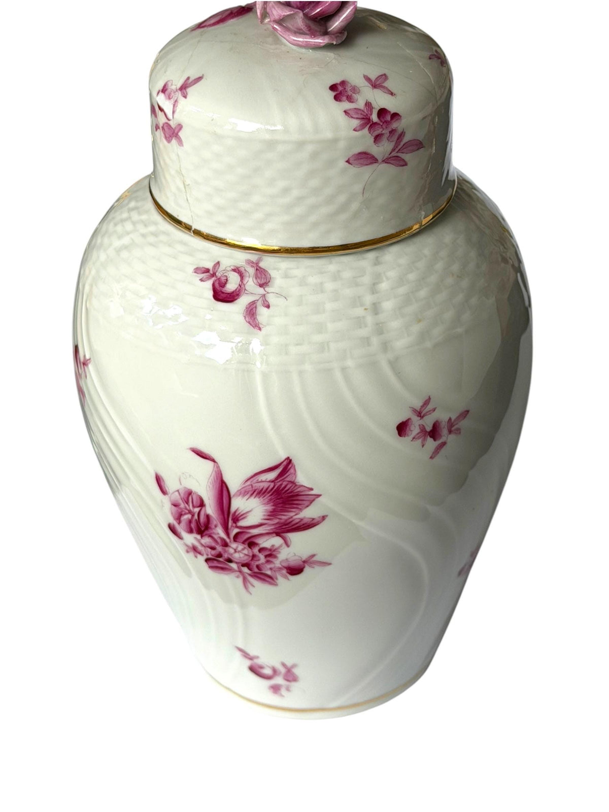 Herend Hungary Porcelain Ginger Jar, Pink Floral Decor, Rose Finial, Lidded Vase, 22 cm