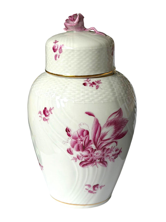 Herend Hungary Porcelain Ginger Jar, Pink Floral Decor, Rose Finial, Lidded Vase, 22 cm